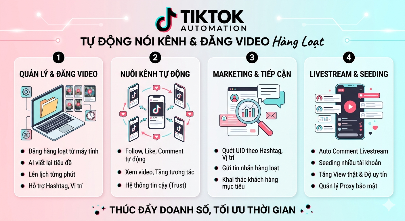 Phần mềm nu&ocirc;i k&ecirc;nh TikTok tự động v&agrave; đăng video h&agrave;ng loạt từ m&aacute;y t&iacute;nh